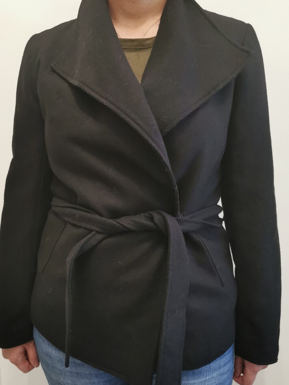 Ispiri Black Wrap Belted Pea Coat Wool Rayon Size M